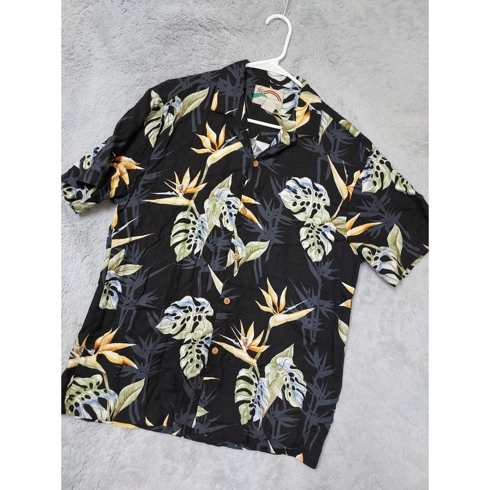 Vintage Paradise Found Shirt Men Medium Magnum PI Hawaiian Floral Black Tropical